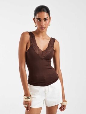NWOT ASOS Lace Trim V-Neck Ribbed Tank Top - Chocolate Brown